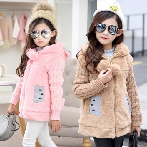 Winter Girls Fur Coats Children Wool Sweaters Thick Mid-Length Cotton-Padded Clothes Teens Kids Hooded Bear Solid Color Coat