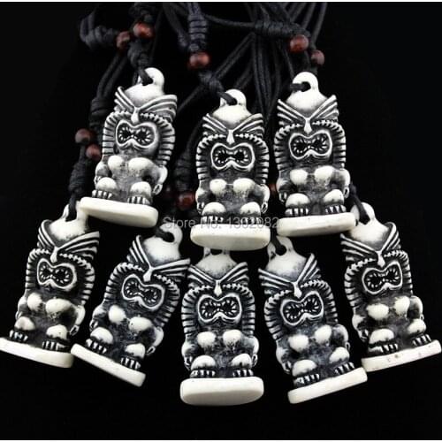 12pcs COOL 3D Tiki Necklace Totem Simulation Bone Carved Hawaii Style Tiki Men Charm Pendant Necklace Gift MN384