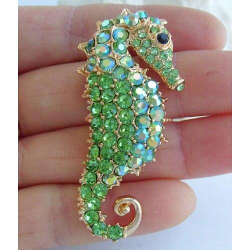 2.16" Gold-tone Green Rhinestone Crystal Seahorse Brooch Pin Pendant EE02254C19