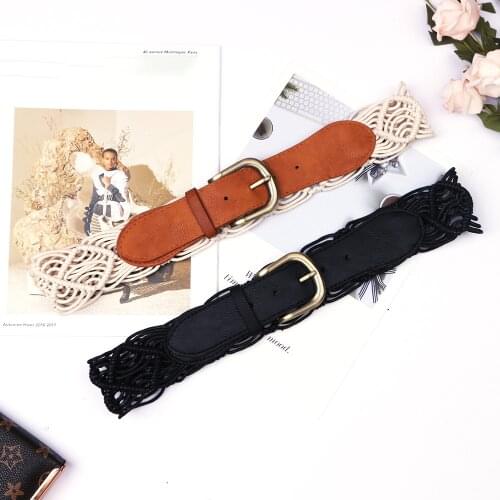 92cm length hand made Weave Camel/Black leather luxury brand Retro Classic Bronze pin Buckle belt waist decorative For Ladies