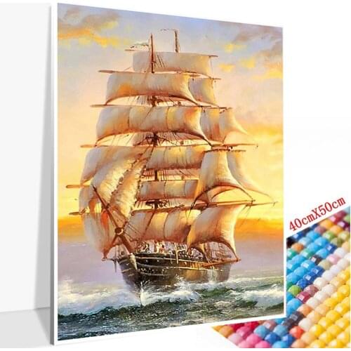 5D DIY Diamond Painting Mosaic Sailing Boat Landscape Full Frame/Round Cross Stitch Diamond Mosaic Embroidery Kit Decoration Gif