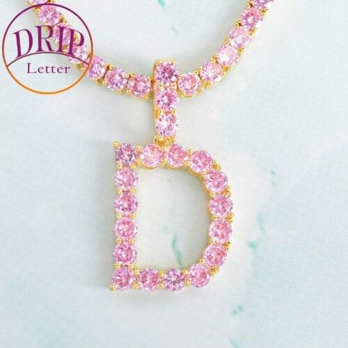 Pink Color Zircon Tennis Letters Pendant 4mm Tennis Chain For Men/Women Gold Color Necklaces Hip Hop Jewelry