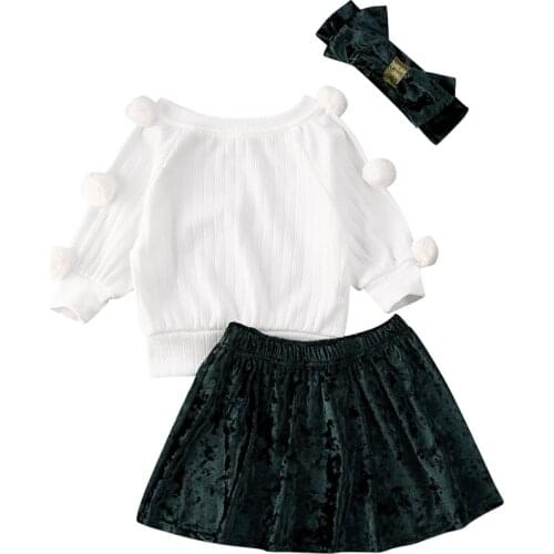 2020 Toddler Kids Baby Girls Clothes Sets 1-6Y Pompom Outfits Balls Long Sleeve Sweater Tops Velvet Skirts Headband