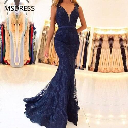 Mermaid Lace Evening Dresses 2019 V Neck Navy Blue Formal Evening Gown With Beading vestido de fiesta Long Prom Dresses