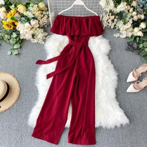 Summer Womens Jumpsuit One-neck Off-shoulder Ruffled Lace-up Jumpsuit with New Waist and Thin High-waist Wide-leg Pants LL017