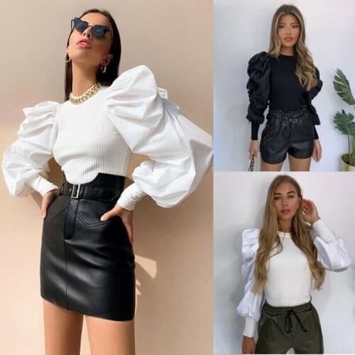 Summer 2020 Fashion Womens Long Puff Sleeve Shirts Spring Fall Solid Female Black/White S-L