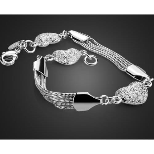Fashion Women 100% 925 Sterling Silver Bracelet & Bangle Elegant Heart Fringe Hand Catenary Charm Female Jewelry Gift