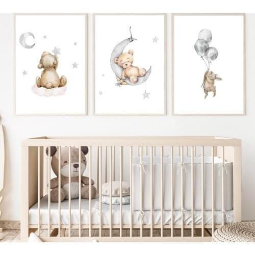 Cartoon Bear Gray Moon Balloon Rabbit Nursery Posters Canvas Painting Wall Art Print Picture for Kids Room Bedroom Home Decor