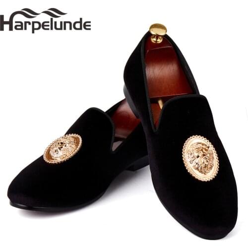 Harpelunde Men Event Shoes Lion Buckle Dress Shoes Black Velvet Loafer Slippers Size 6-14