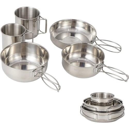 5Pcs Camping Cookware Mess Kit Portable Stainless Steel Cooking Pan Bowls Cups for Outdoor Camping Hiking Backpacking Picnic
