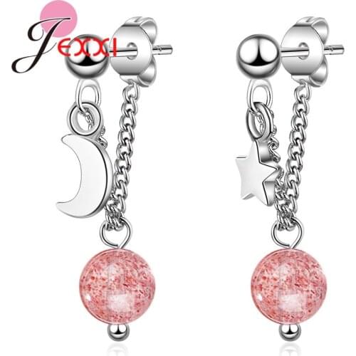 New Statement Asymmetry Design 925 Sterling Silver Drop Earrings For Women Natural Pink Strawberry Star Moon Crystal Jewelry