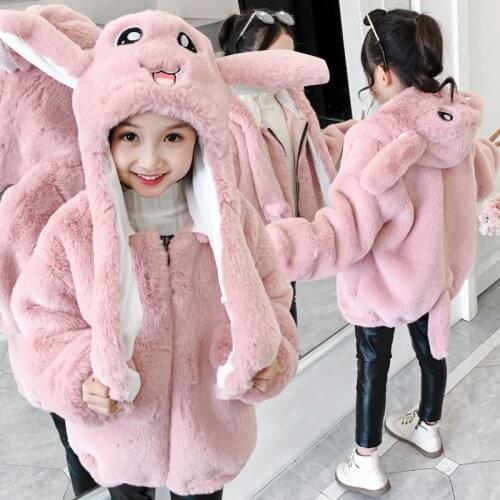 New Fashion Ears Can Move Girls Faux Fur Fleece Coat Kids Thick Plus Velvet Coat Warm Xmas Snowsuit Outerwear Children Clothes
