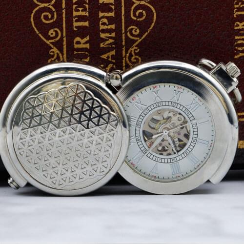 5pcs New Unique Skeleton Vintage Silver Mechanical Pocket Watch with Chain for Men Women PJX053