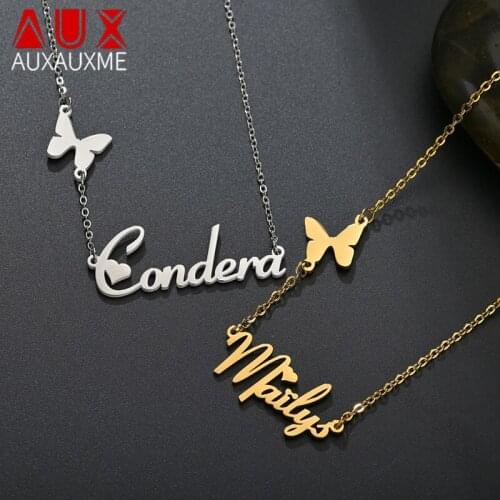 Auxauxme Peraonlized Butterfly Pendant Necklaces Golden Stainless Steel Heart Font Women Custom Jewelry Fashion Choker Necklace