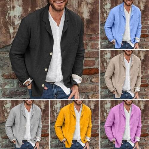 Casual Solid Mens Suit Blazer Cotton Linen Coats Spring Summer Fashion Buttoned Turn-down Collar Jacket Vintage Men Streetwear
