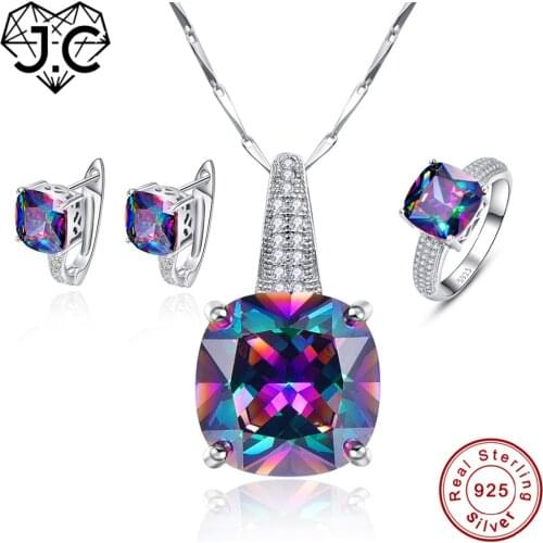 J.C Engagement Women Men Rainbow Mystic Topaz Pendant & Ring & Earring Genuine Solid 925 Standard Sterling Silver Jewelry Set