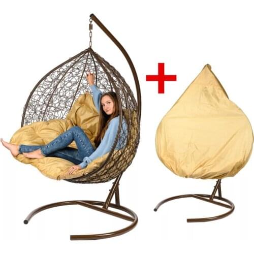 Garden Hanging Chair with Bronze Rattan Frame Swing Lounger Hammock Egg Chair Soft Cushion Outdoor Backyard Leisure Furniture