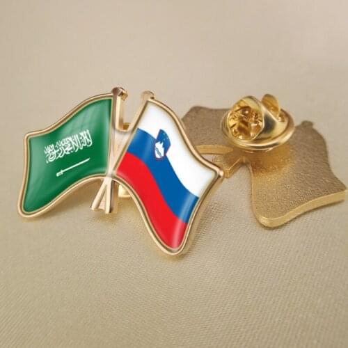 Saudi Arabia and Slovenia Crossed Double Friendship Flags Lapel Pins Brooch Badges