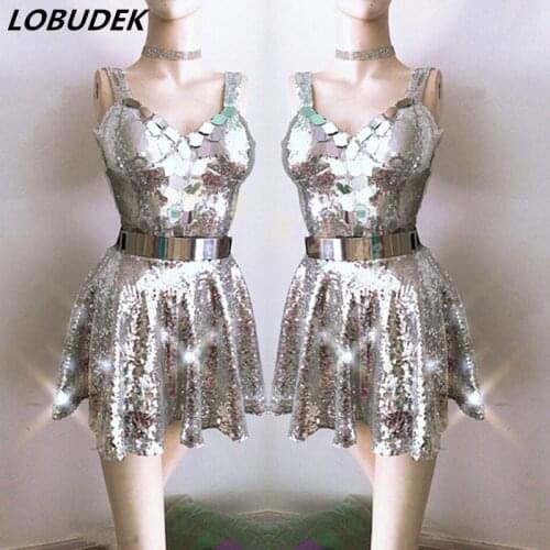 Flashing Sequins Mirrors Short Dress Nightclub Bar Singer Performance Dance Costume Female Prom Party Show Stage One Piece Dress