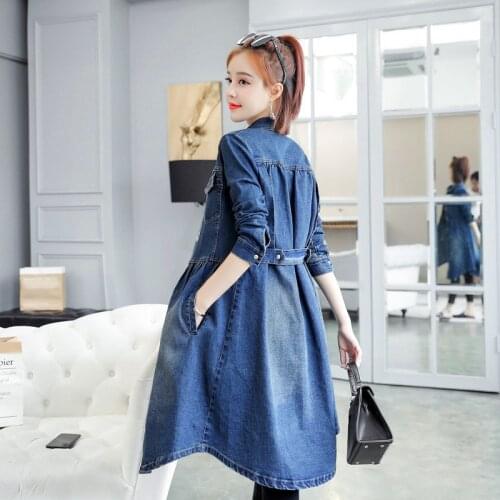 New Spring Autumn Women Jeans Trench Thin Style Casual Solid Turn-Down Collar Pockets Jeans Trench Coat For Females Denim Coats