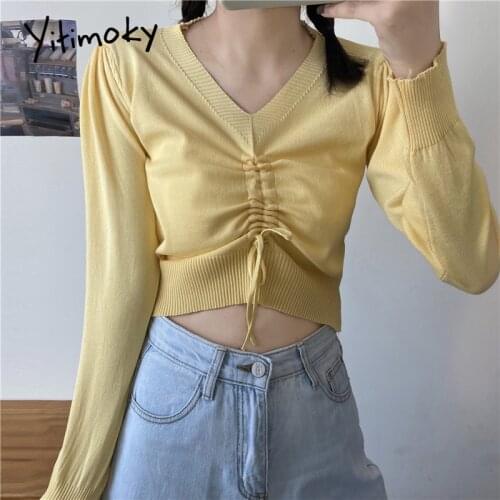 Yitimoky sweaters women autumn winter V neck drawstring crop korean top ribbed knitted casual fashion pullover women sweaters