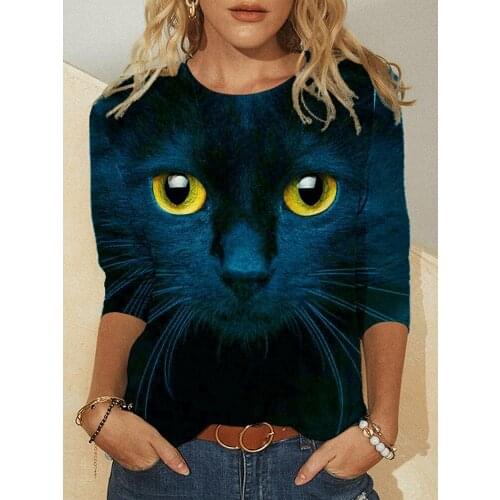 Women Blouse Top Cat Chasing The Moon Print shirt Plus Size 5XL Casual Black shirts Long Sleeve Funny Cartoon Tees Female