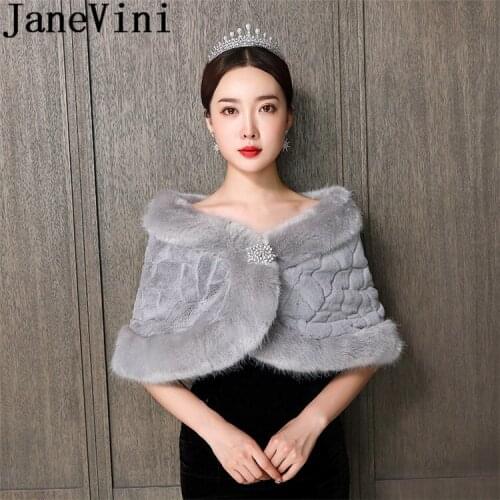 JaneVini Winter Gray Womens Faux Fur Shawl Bridal Boleros Beaded Pin Shoulder Wraps Fur Wedding Capes Jacket Stoles Accessories