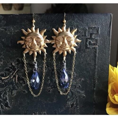 Sun Earrings with Blue Teardrop Crystals Crystal Earrings Celestial Jewelry Sunburst Gold Plated Statement Earrings