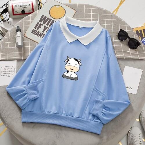 Women Aesthetic Sweatshirts Cute Milk Cow Jumper Cotton Casual Pullover Hoodie Best Friend Sweatshirt Long Sleeve for Teens Gift