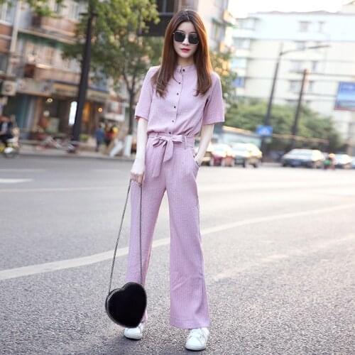 Summer Women Clothing Sets 2021 Fashion Chic High Street Short Sleeve Stand Collar Striped Blouse Shirts+Bandage Straight Pants