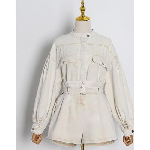 Wide Leg Shorts Sets For Women Stand Collar Lantern Sleeve Tops High Waist With Sashes Women Casual Two Piece Set