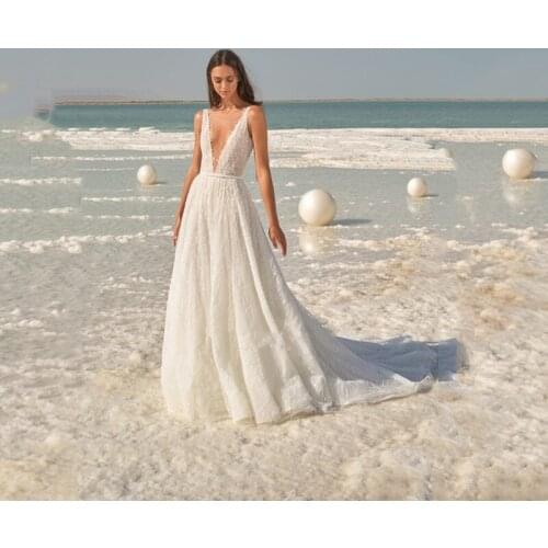 Beach Glitter Lace Wedding Dresses Simple Deep V-Neck A-Line Bride Gowns with Belt Sleeveless Tulle Sweep Train Vestido De Novia