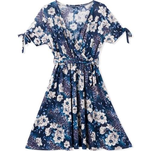 Neatie kiddie New Fashion Floral Summer Short Sleeve Dresses Elegant Women Sexy V-neck Slim Office Lady Bow Tie Sashes Vestidos
