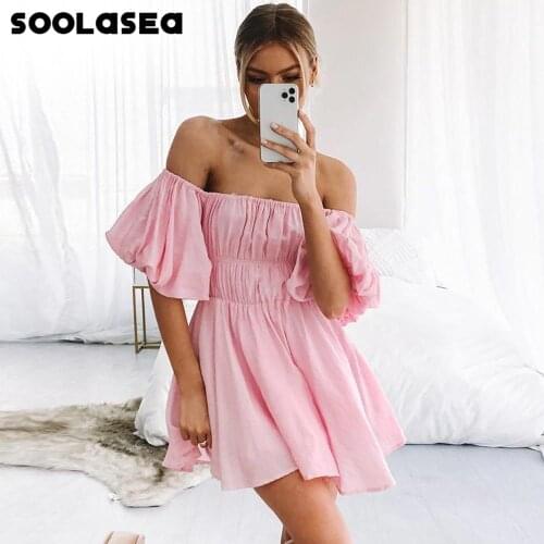 Soolasea 2021 Boho Style Female Chic Sweet Dresses Fashion Solid Slash Neck High-waist Vestidos Puff Sleeve Summer Women Dress