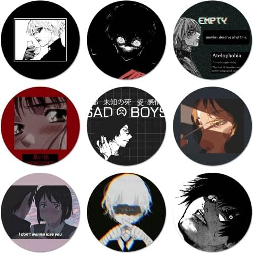 58mm Anime Aesthetic Sad Japanese Icons Pins Badge Decoration Brooches Metal Badges For Backpack Decoration