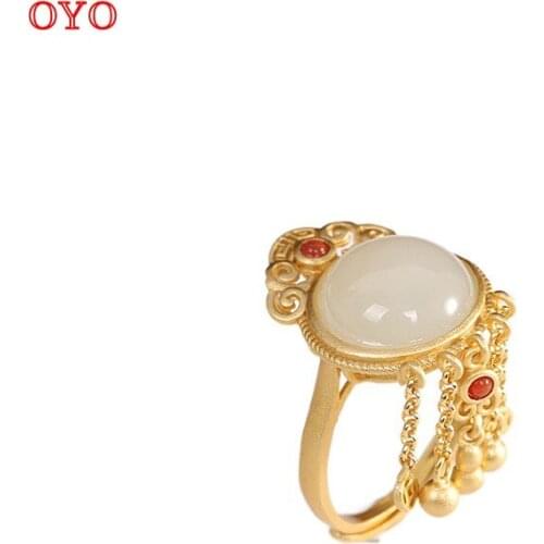 100% s925 silver Hetian jade tassel antique ring fashion retro womens open ring