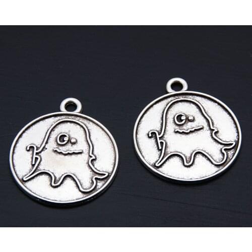 20pcs Silver Color Round Halloween Ghost Charms Little Monsters Pendant Jewelry Making DIY Handmade Accessories A3406