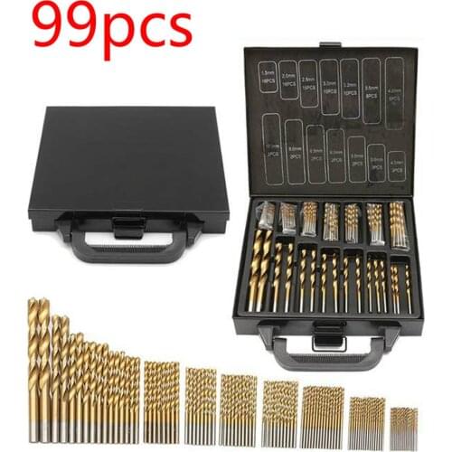 99pcs Twist Drill Iron Box 99 sets of High Speed Steel Titanium-plated Twist Drill Hole Cutter Steel Plate Drill Bit