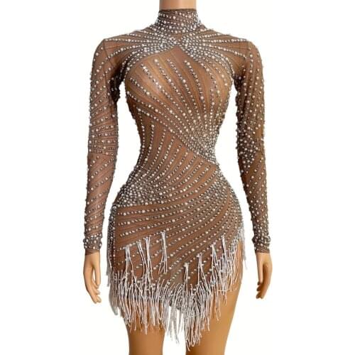 Fringe Rhinestone Pearl Transparent Dress Prom Dance Costume Mesh Outfit Dress Evening Birthday Celebrate Short Dress