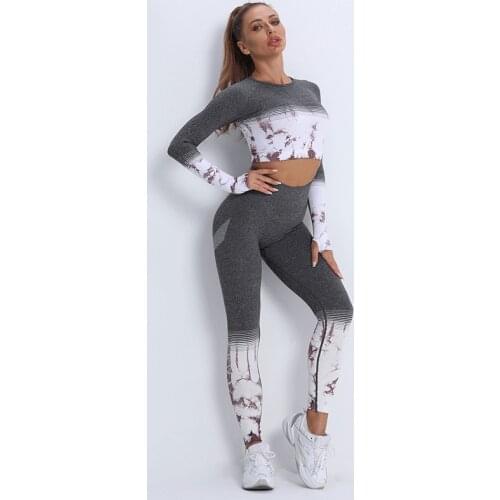 Seamless Yoga Suit Long Suit Tie Dyed High Waist Hip Lifting Yoga Set Legging Pants Women Gym Long Sleeve Top Sportswear Suit