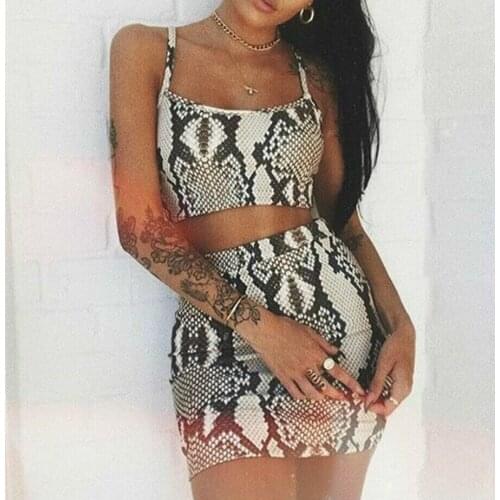 Brand New Women Sexy Sleeveless Snakeskin Print Crop Bodycon Mini Skirt Set Female Fashion Sexy Club Party Outfits Women Set