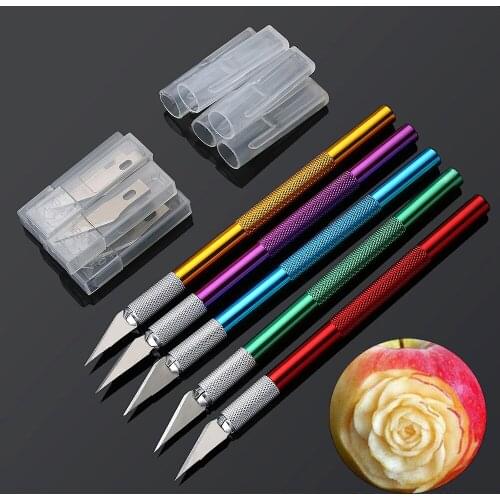 Metal Handle Engraving Cutter with 6pcs Blade Non-Slip Knife Scalpel Cutter Engrave Multi-color Fruit Cake Pastry Carving Tools