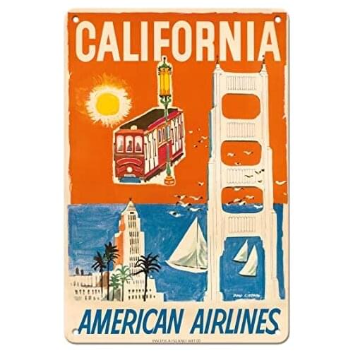 California - San Francisco Cable Car, Golden Gate Bridge - American Airlines - Airline by Dong Kingman c.1950s Metal Tin Sign