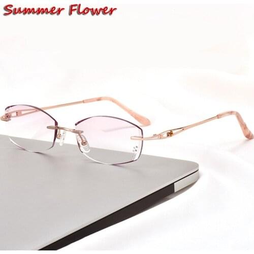 Chashma Titanium Fashion Female Eye Glasses Gray Red Lens Diamond Trimmed Rimless Spectacle Frames Women Sunglasses Tint Lenses