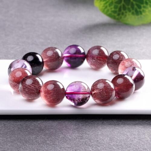 Natural Super 7 Seven Crystal Melody Stone Round Beads Bracelet 15mm AAAAA