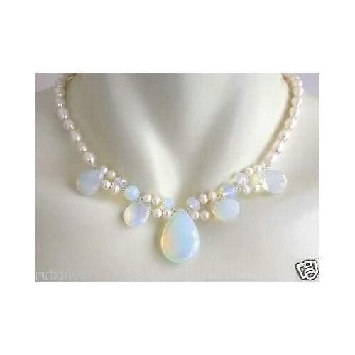 Mujer Opal and Fresh Water Pearl Cluster Necklace 17-18" Bridal Wedding word Fine moda -jewelry