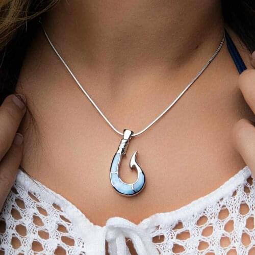 Hot Selling 925 Sterling Silver Natural Dominica Larimar Fishhoop Pendant Necklace Womens Jewelry For Gift