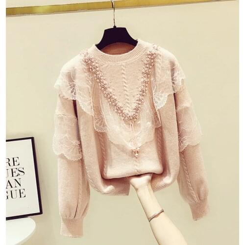 Mesh Beaded Knitted Women Sweater Pullovers Winter New 2021 Long-Sleeved Solid Elegant Pulls Outwear Tops