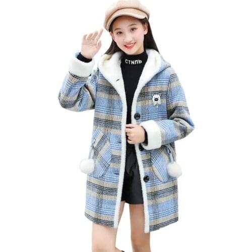 Woolen Winter Jacket For Girl New 2021 Korean Version Fashion Thicken Mid-Length Lattice Coats Casual Slim Childrens Clothing