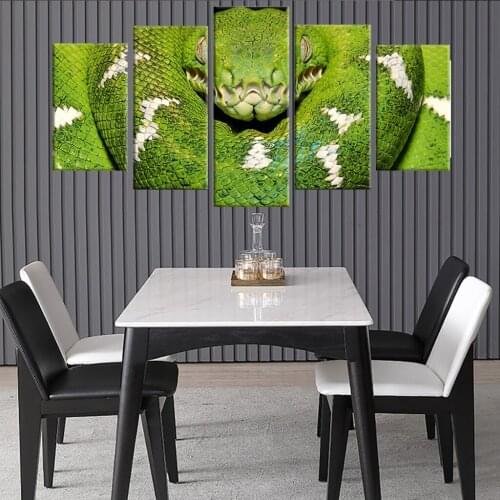 Modern Canvas Living Room Pictures Home Decor 5 Panel Green Snake Animal Painting Wall Art Modular HD Printed Poster Framework